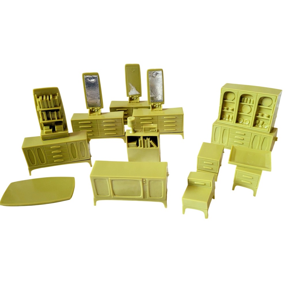 Vtg Marx Dollhouse Furniture Lot Avocado Green MCM 60s Living Room Bedroom 1:16